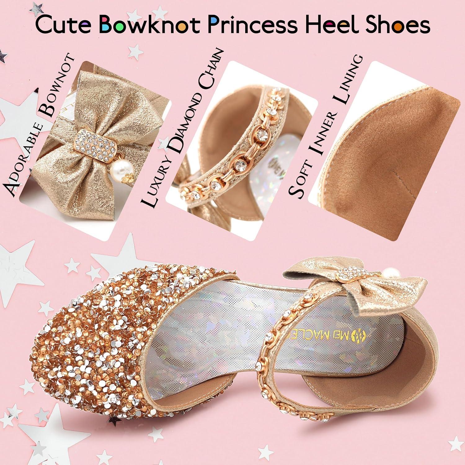 imageMei MACLEOD Girls Dress Shoes Low Heel Princess Heels Sparkly with Pearl Bowknot for Wedding PartySparkly Gold