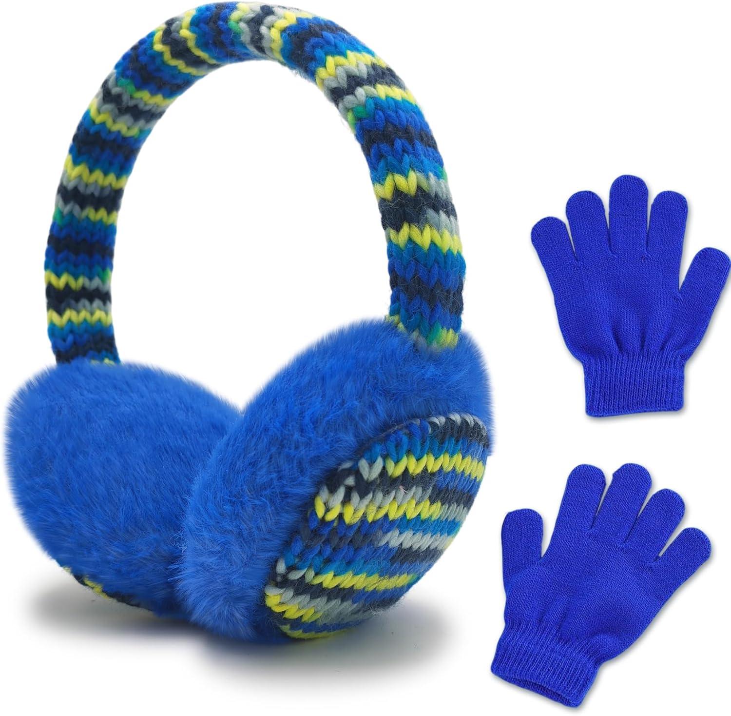 imageMei MACLEOD Girls Earmuffs Knit Winter Ear Muffs Gloves Set for Kids Boys Cold Weather Ear WarmerAblue Earmuff Gloves Set
