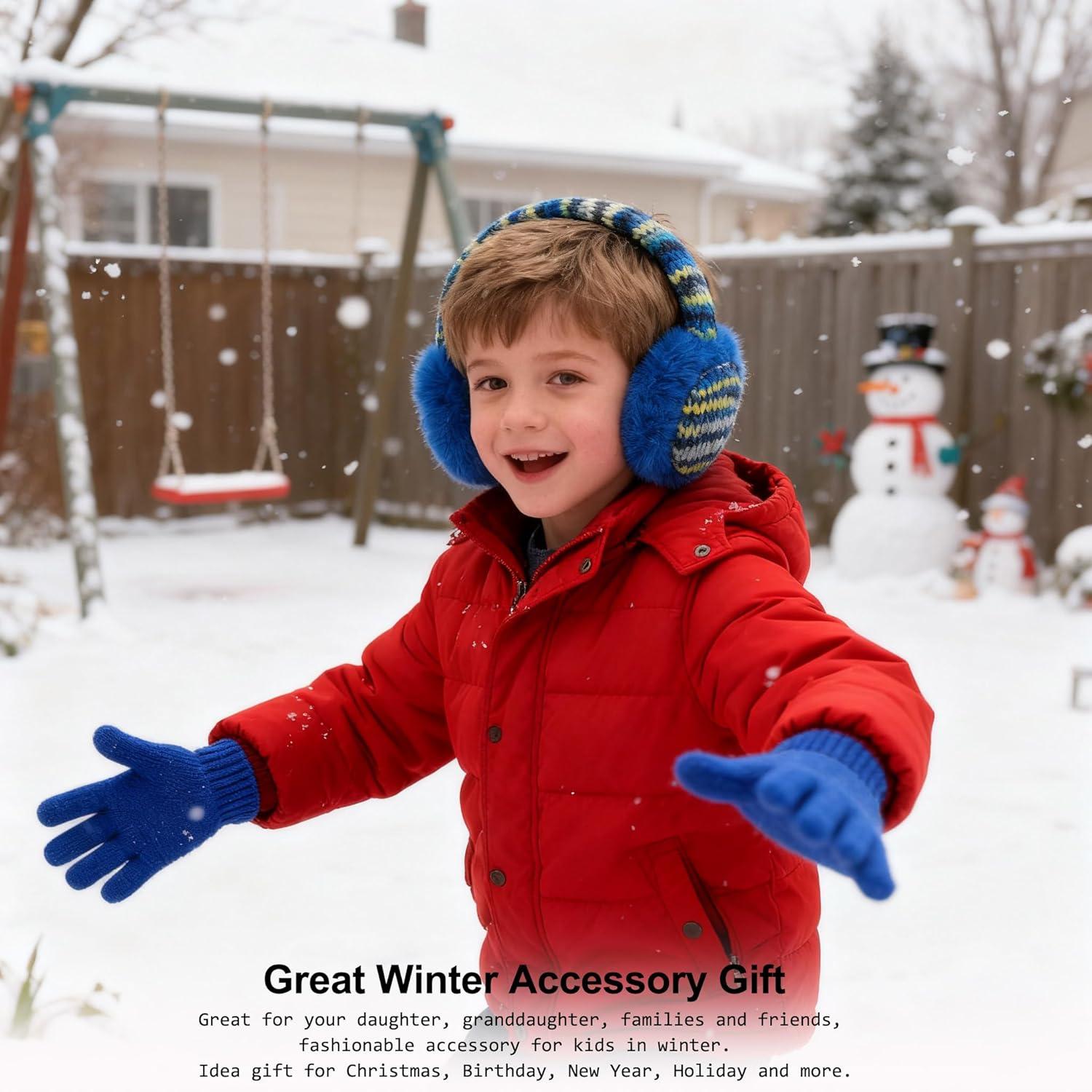 imageMei MACLEOD Girls Earmuffs Knit Winter Ear Muffs Gloves Set for Kids Boys Cold Weather Ear WarmerAblue Earmuff Gloves Set