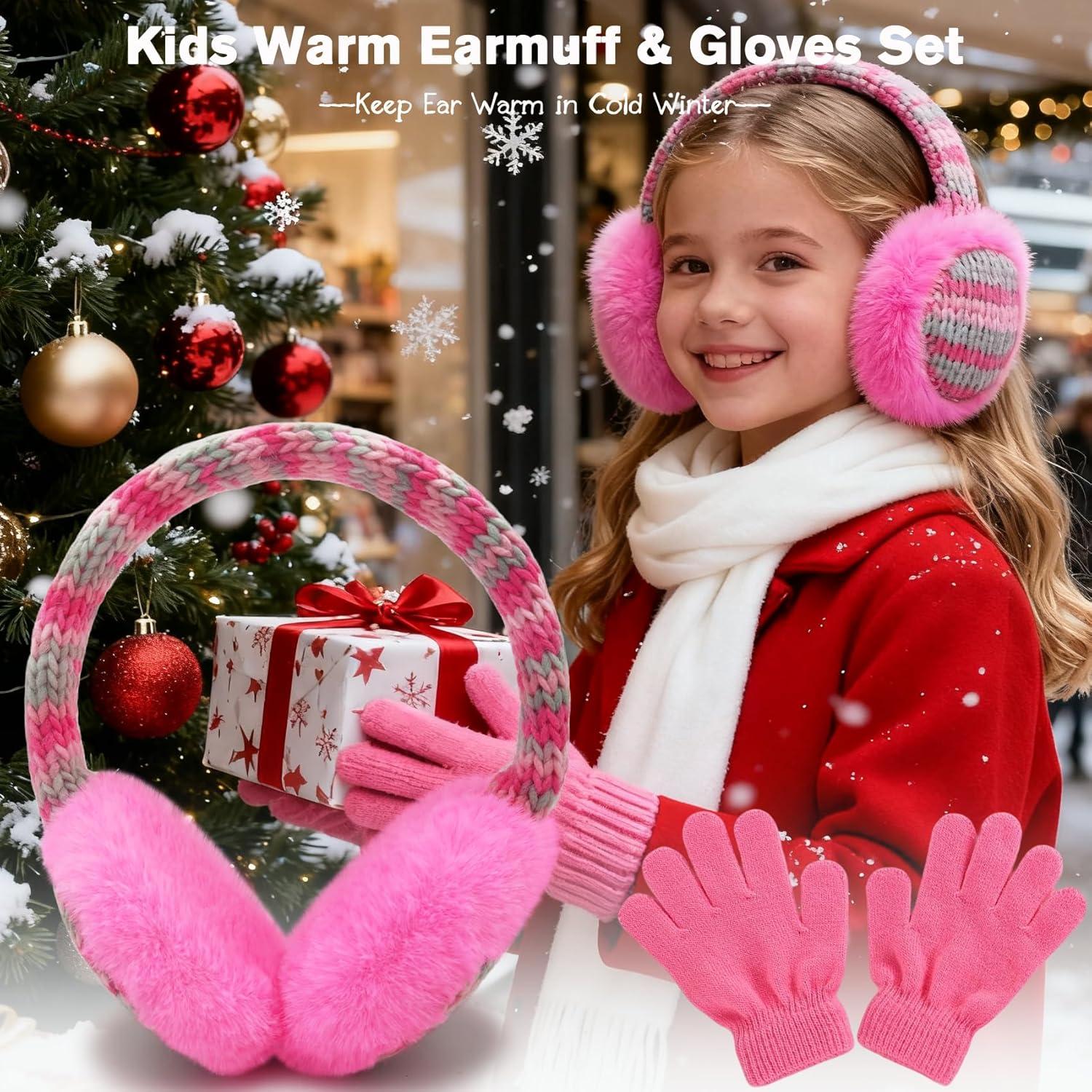imageMei MACLEOD Girls Earmuffs Knit Winter Ear Muffs Gloves Set for Kids Boys Cold Weather Ear WarmerAhot Pink Earmuff Gloves Set