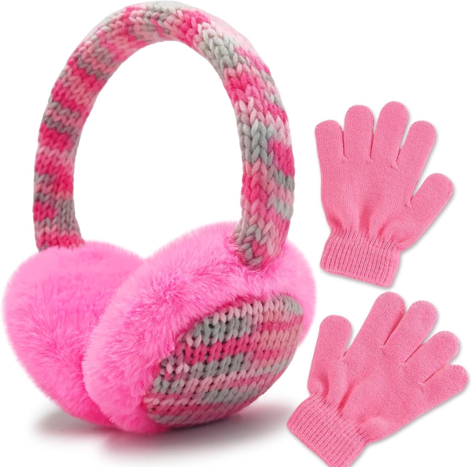 imageMei MACLEOD Girls Earmuffs Knit Winter Ear Muffs Gloves Set for Kids Boys Cold Weather Ear WarmerAhot Pink Earmuff Gloves Set