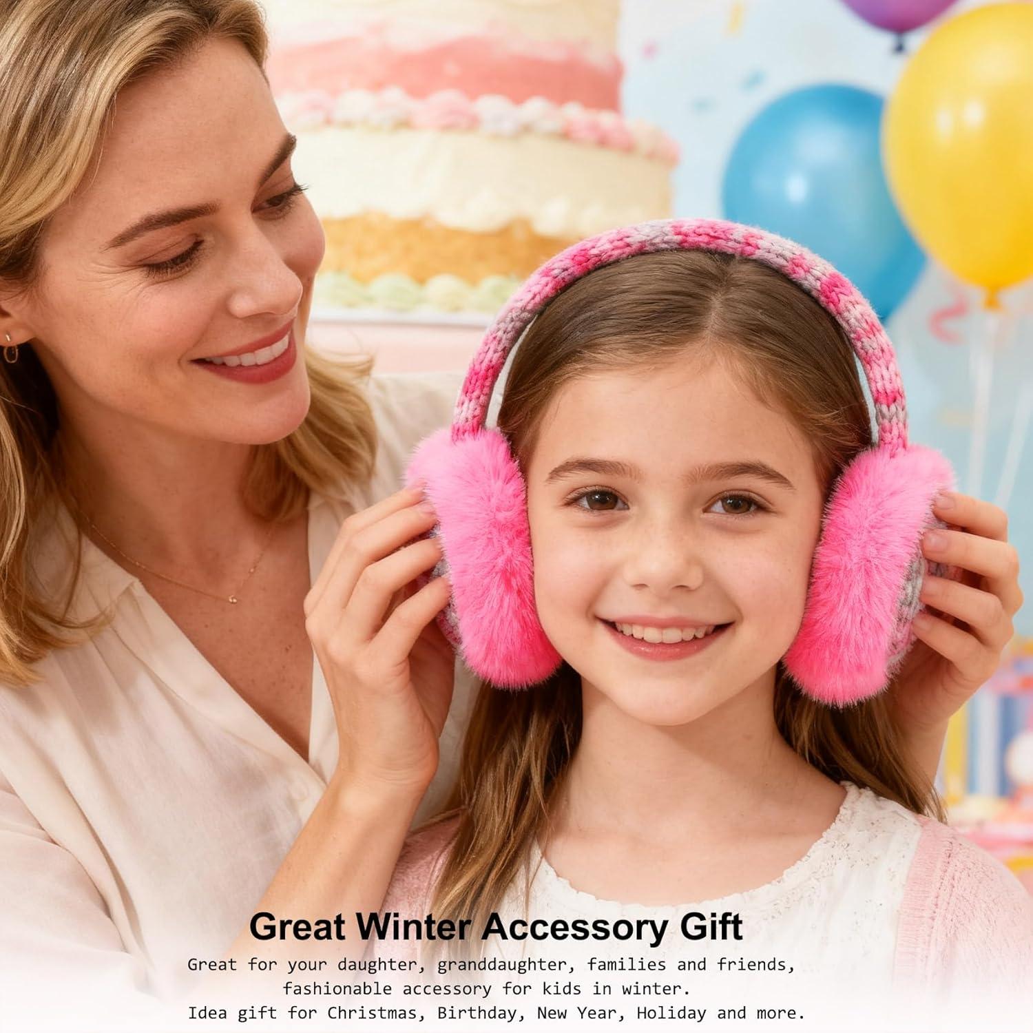 imageMei MACLEOD Girls Earmuffs Knit Winter Ear Muffs Gloves Set for Kids Boys Cold Weather Ear WarmerAhot Pink Earmuff Gloves Set
