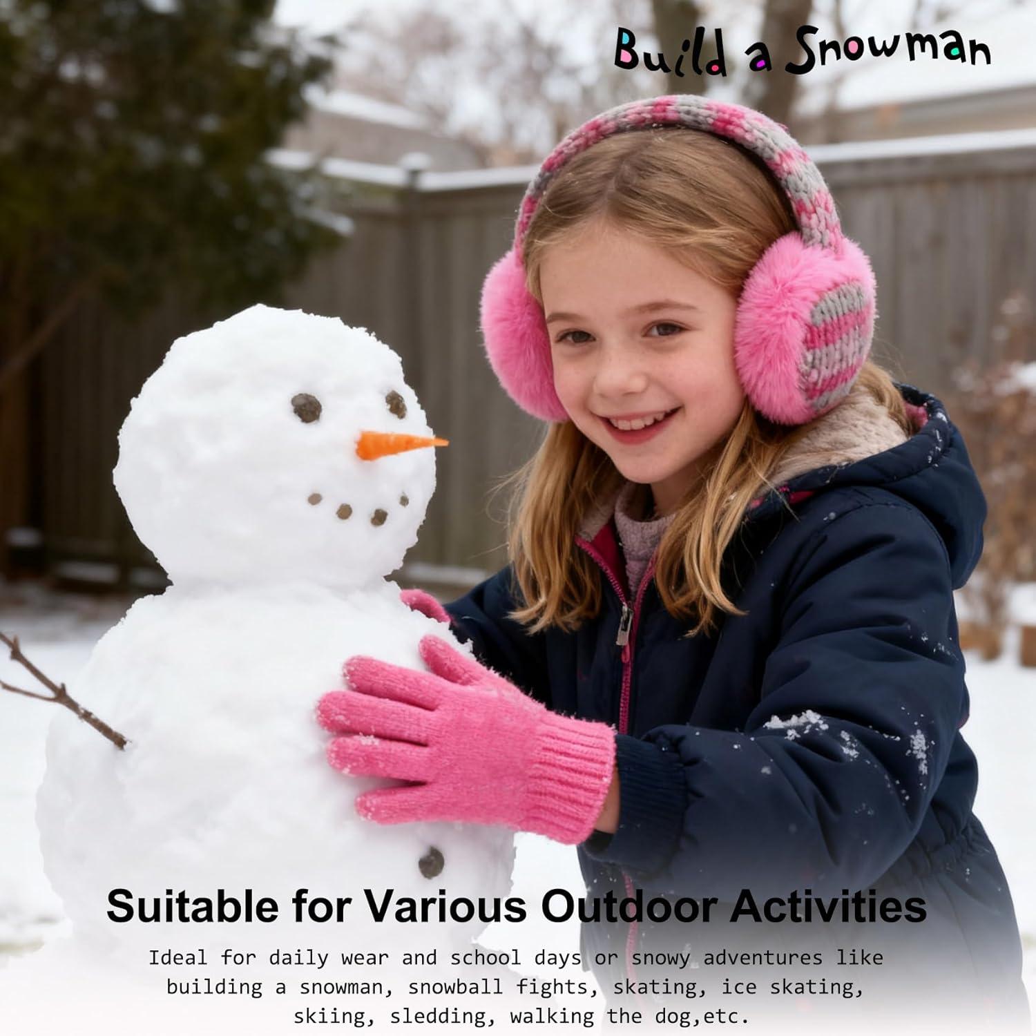 imageMei MACLEOD Girls Earmuffs Knit Winter Ear Muffs Gloves Set for Kids Boys Cold Weather Ear WarmerAhot Pink Earmuff Gloves Set