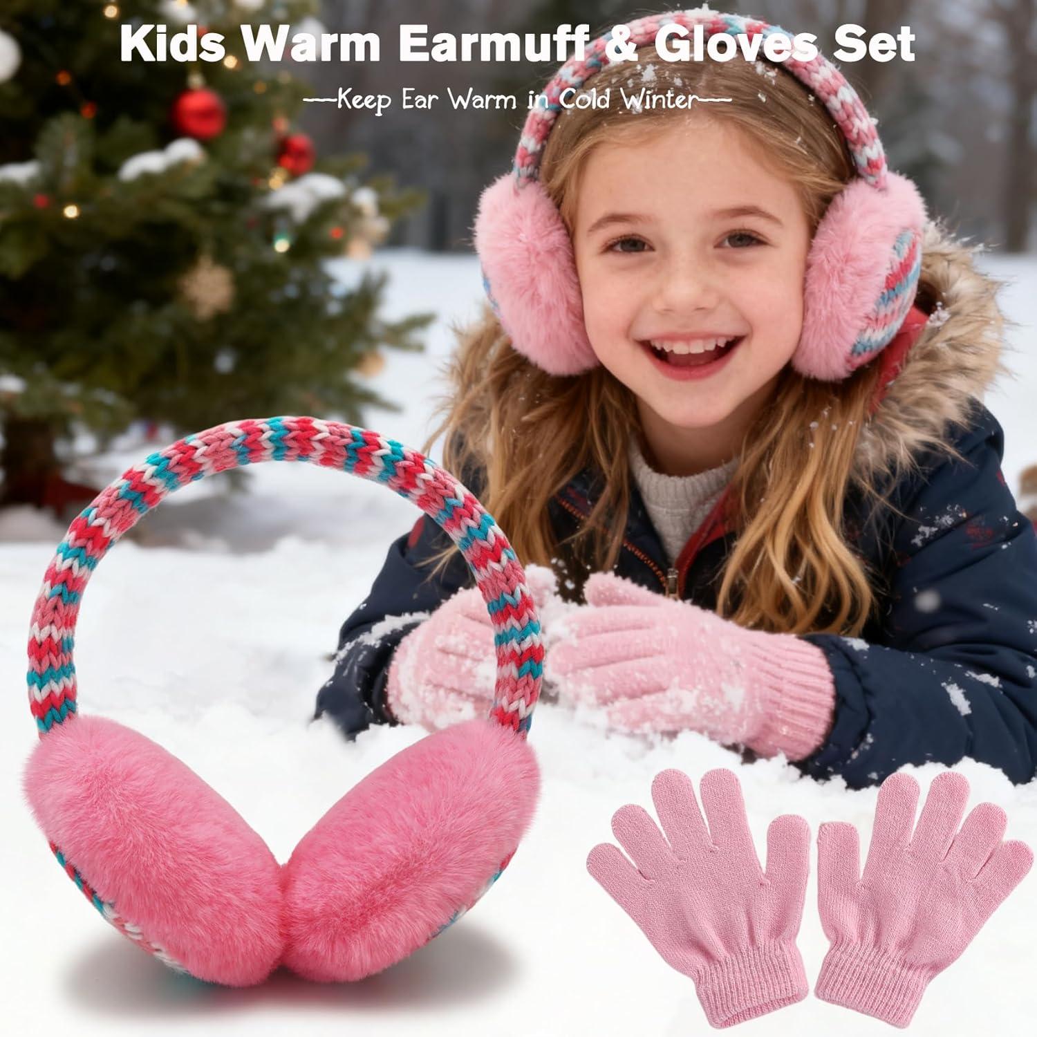 imageMei MACLEOD Girls Earmuffs Knit Winter Ear Muffs Gloves Set for Kids Boys Cold Weather Ear WarmerAlight Pink Earmuff Gloves Set