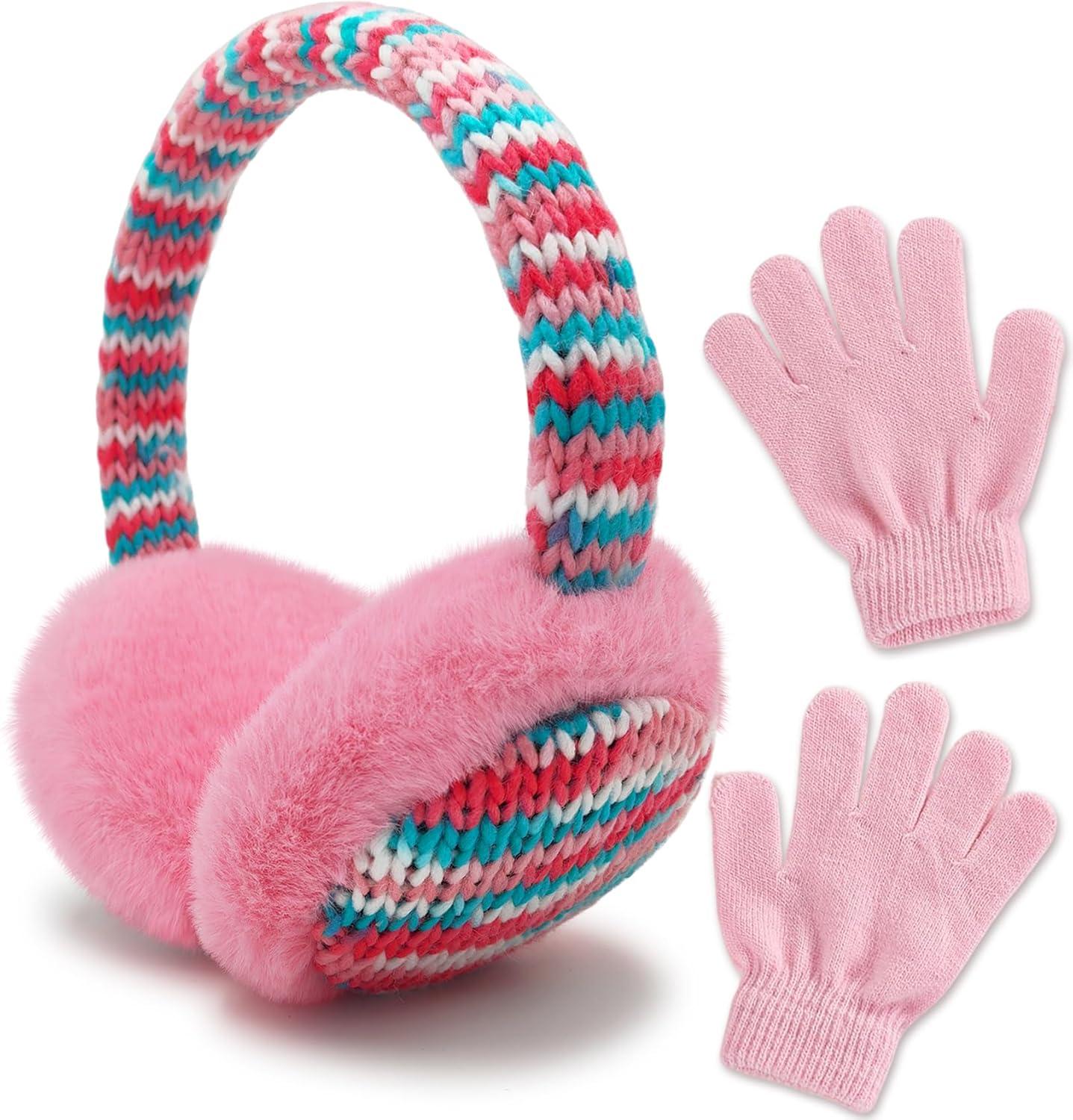 imageMei MACLEOD Girls Earmuffs Knit Winter Ear Muffs Gloves Set for Kids Boys Cold Weather Ear WarmerAlight Pink Earmuff Gloves Set