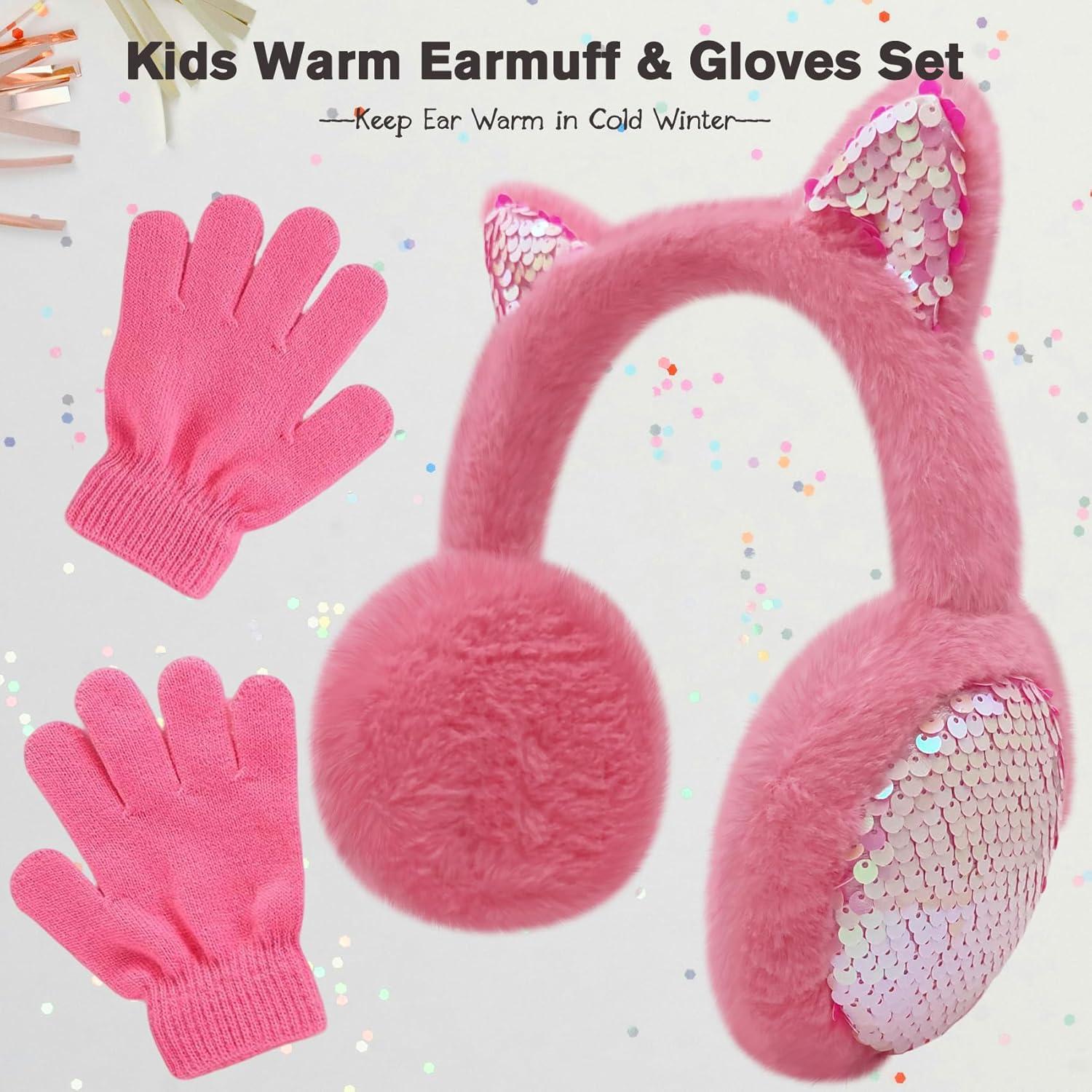 imageMei MACLEOD Girls Earmuffs Knit Winter Ear Muffs Gloves Set for Kids Boys Cold Weather Ear WarmerBhot Pink Earmuff Gloves Set