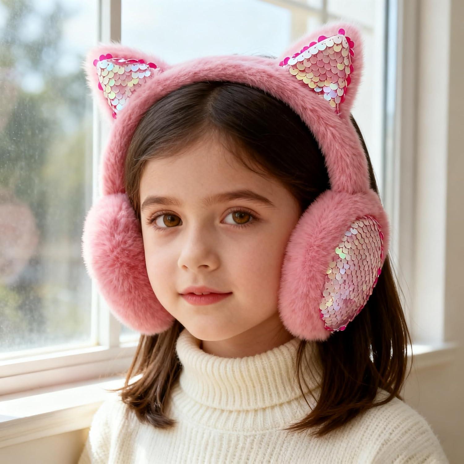 imageMei MACLEOD Girls Earmuffs Knit Winter Ear Muffs Gloves Set for Kids Boys Cold Weather Ear WarmerBhot Pink Earmuff Gloves Set
