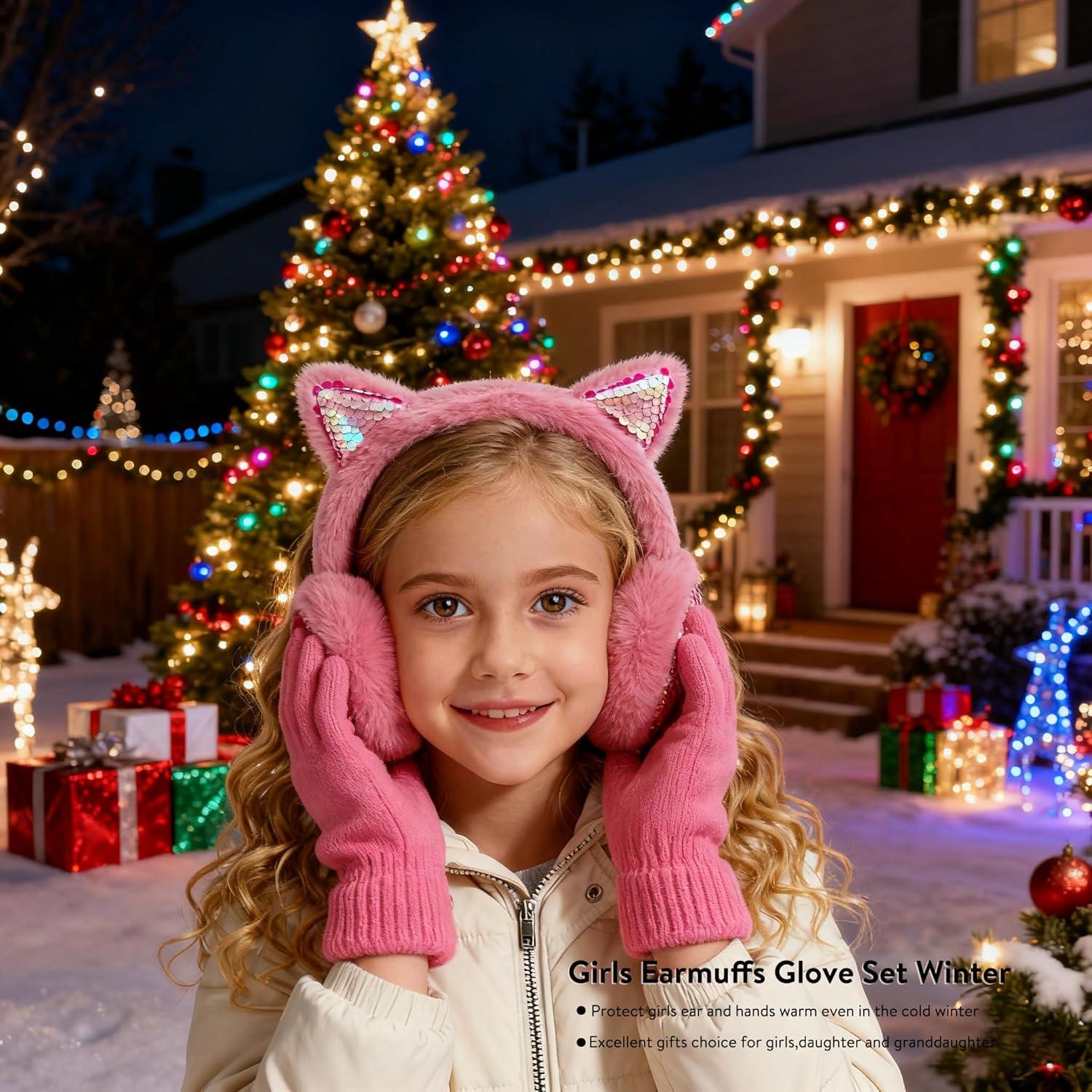 imageMei MACLEOD Girls Earmuffs Knit Winter Ear Muffs Gloves Set for Kids Boys Cold Weather Ear WarmerBhot Pink Earmuff Gloves Set