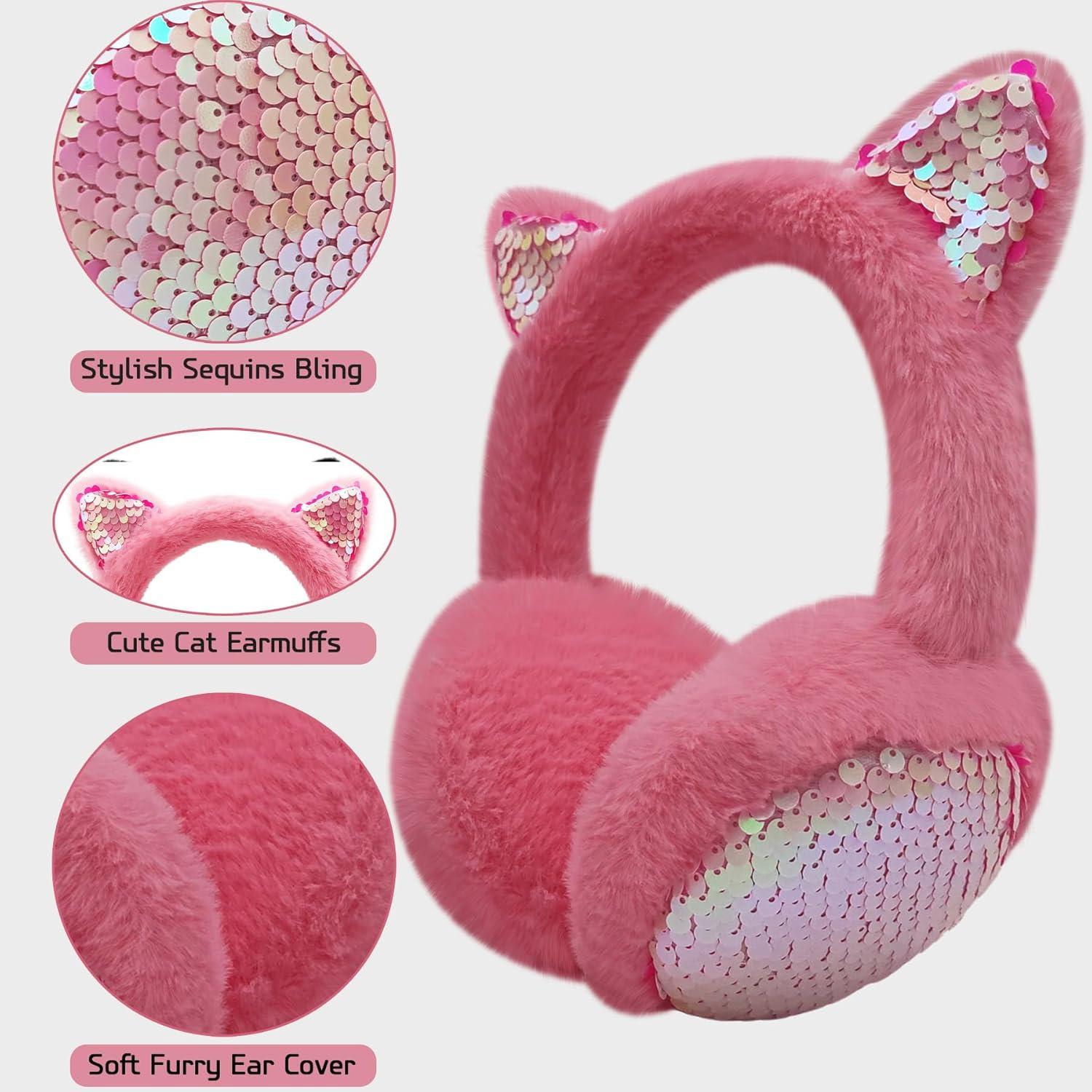 imageMei MACLEOD Girls Earmuffs Knit Winter Ear Muffs Gloves Set for Kids Boys Cold Weather Ear WarmerBhot Pink Earmuff Gloves Set