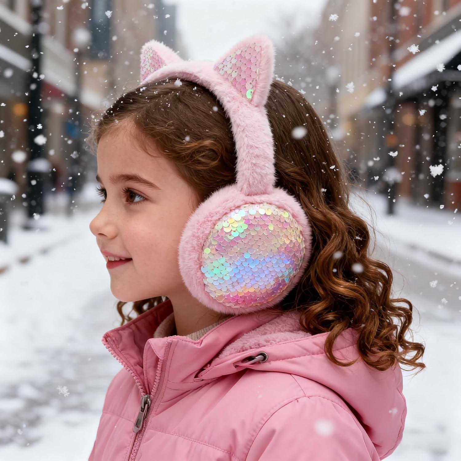 imageMei MACLEOD Girls Earmuffs Knit Winter Ear Muffs Gloves Set for Kids Boys Cold Weather Ear WarmerBpink Earmuff Gloves Set