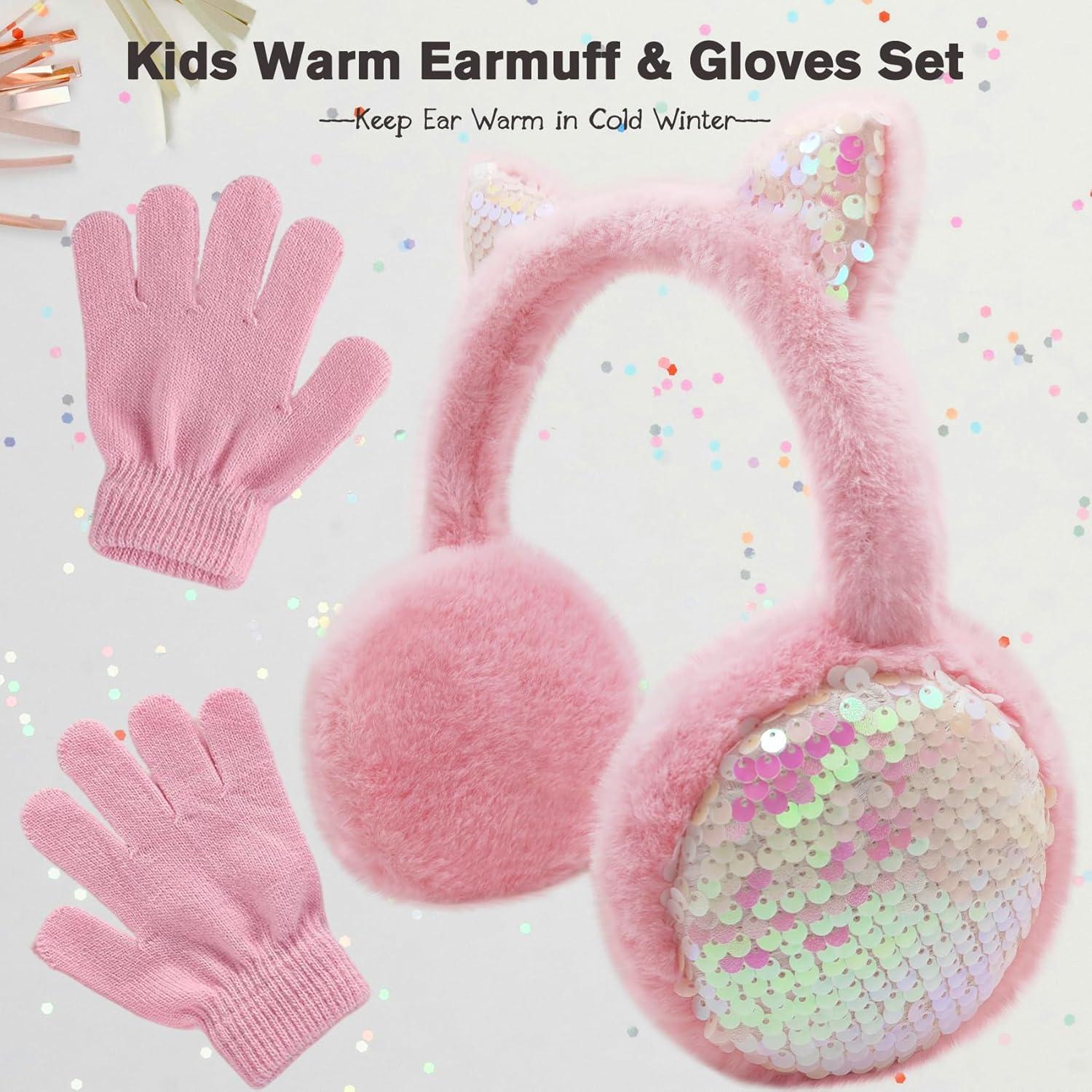 imageMei MACLEOD Girls Earmuffs Knit Winter Ear Muffs Gloves Set for Kids Boys Cold Weather Ear WarmerBpink Earmuff Gloves Set