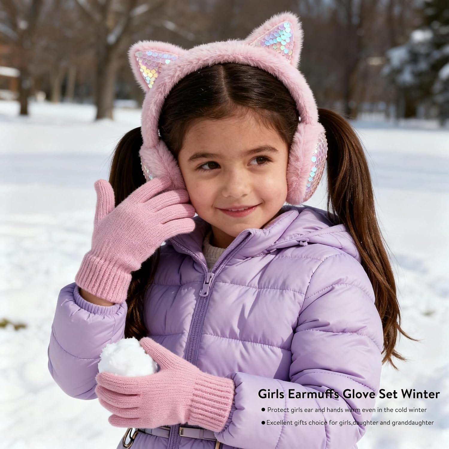 imageMei MACLEOD Girls Earmuffs Knit Winter Ear Muffs Gloves Set for Kids Boys Cold Weather Ear WarmerBpink Earmuff Gloves Set