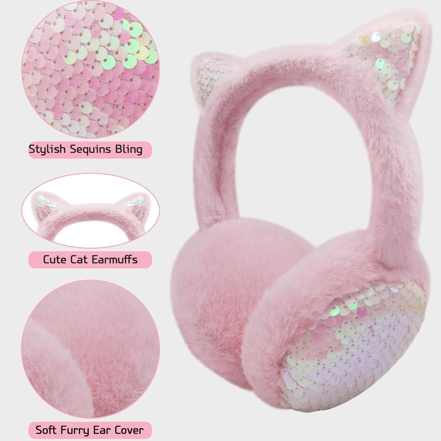 imageMei MACLEOD Girls Earmuffs Knit Winter Ear Muffs Gloves Set for Kids Boys Cold Weather Ear WarmerBpink Earmuff Gloves Set