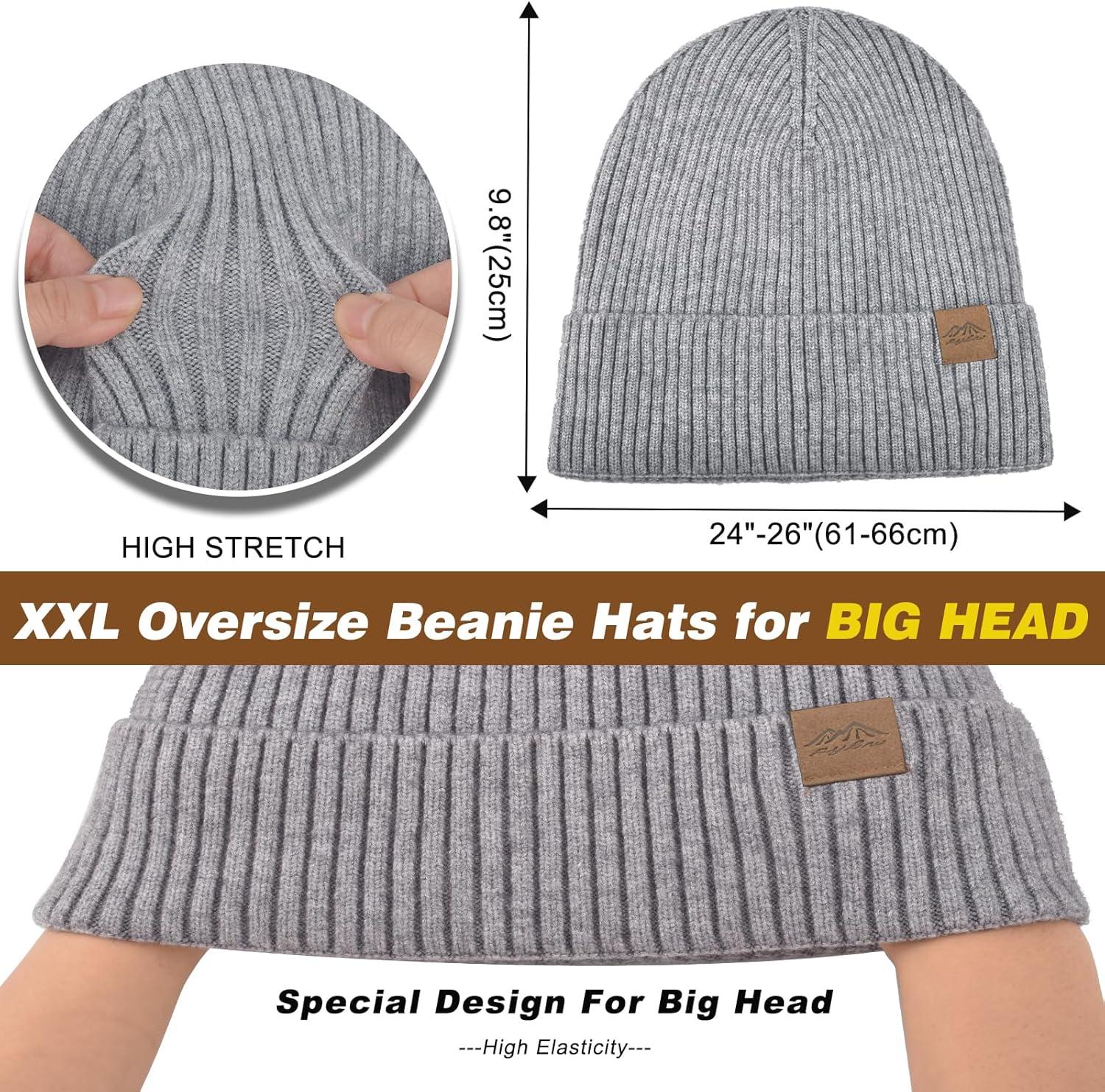 imageXXL Winter Beanie for Men Big Head Cuffed Stocking Cap Coral Fleece Lined Warm Knit Beanies HatsDark Grey