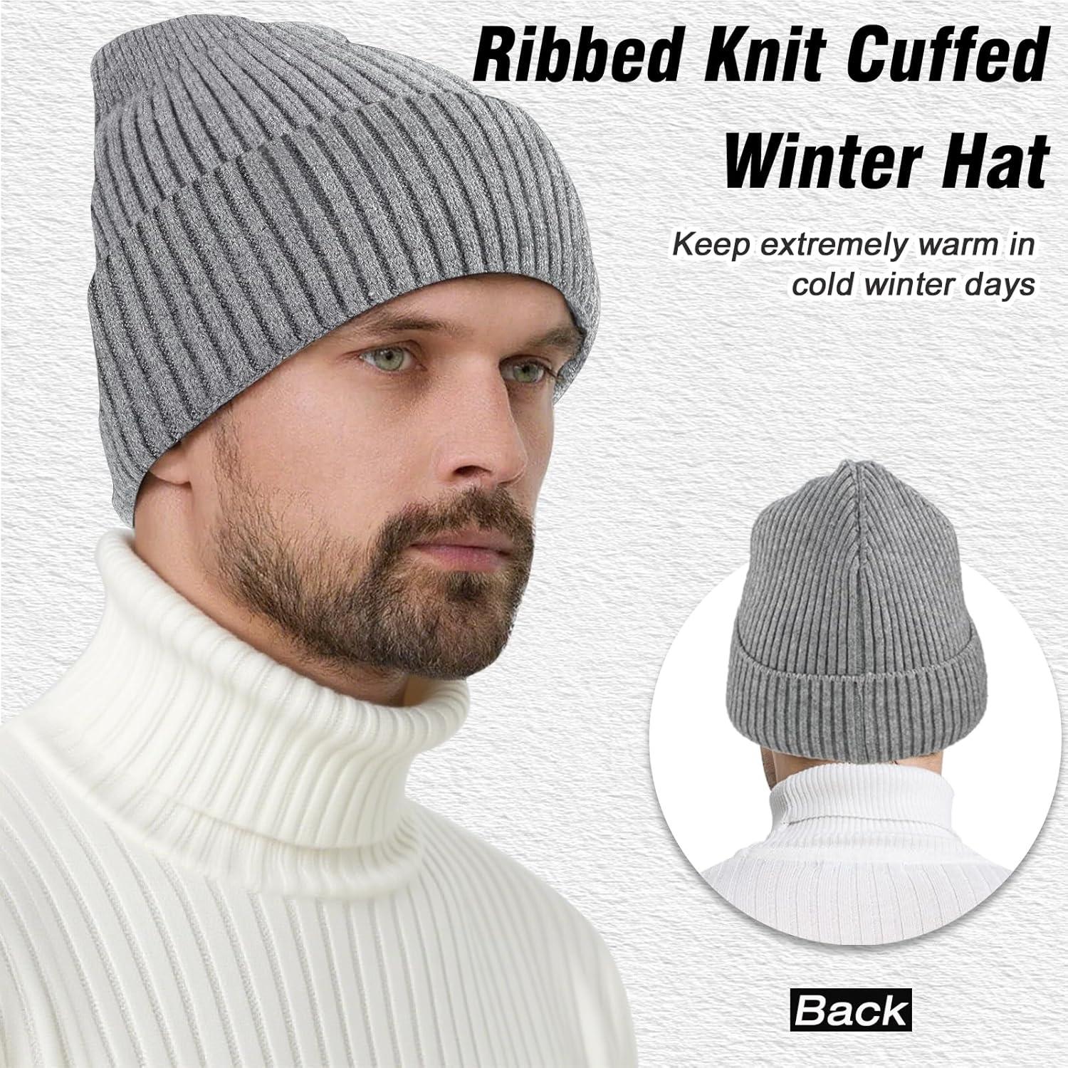 imageXXL Winter Beanie for Men Big Head Cuffed Stocking Cap Coral Fleece Lined Warm Knit Beanies HatsDark Grey