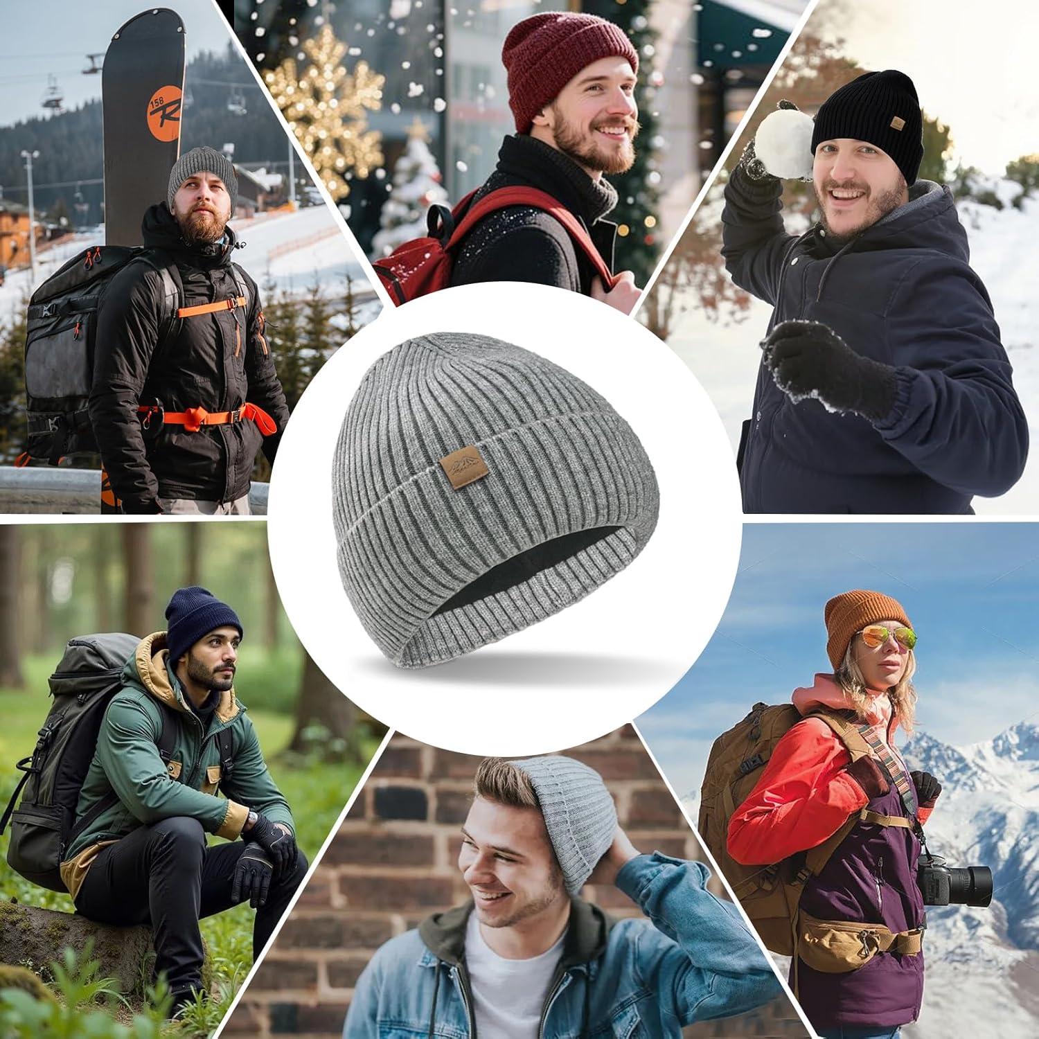 imageXXL Winter Beanie for Men Big Head Cuffed Stocking Cap Coral Fleece Lined Warm Knit Beanies HatsDark Grey