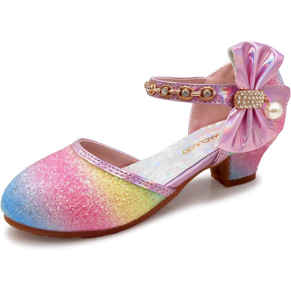 imageMei MACLEOD Girls Dress Shoes Low Heel Princess Heels Sparkly with Pearl Bowknot for Wedding PartyGlitter Rainbow Pink