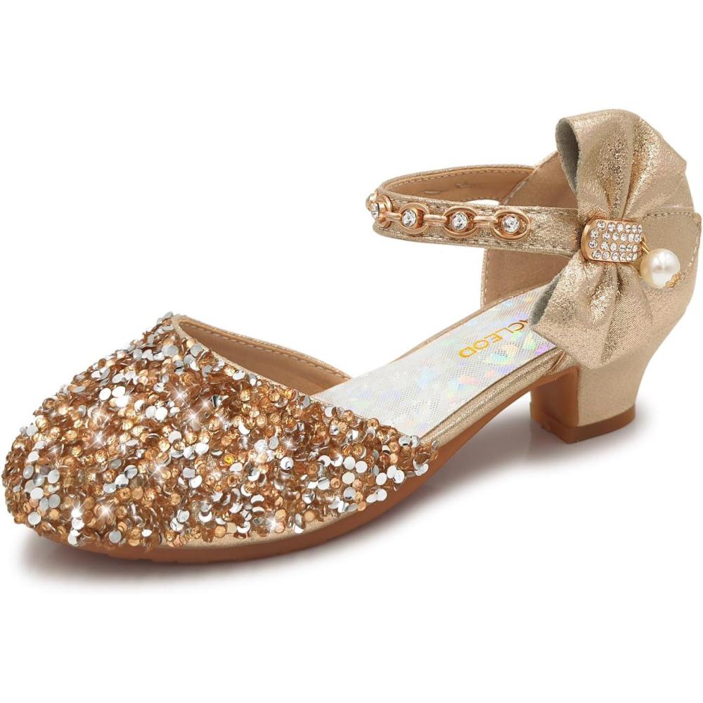 imageMei MACLEOD Girls Dress Shoes Low Heel Princess Heels Sparkly with Pearl Bowknot for Wedding PartySparkly Gold