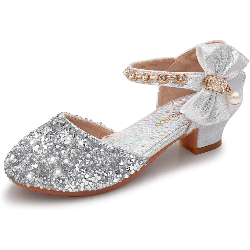 imageMei MACLEOD Girls Dress Shoes Low Heel Princess Heels Sparkly with Pearl Bowknot for Wedding PartySparkly Silver