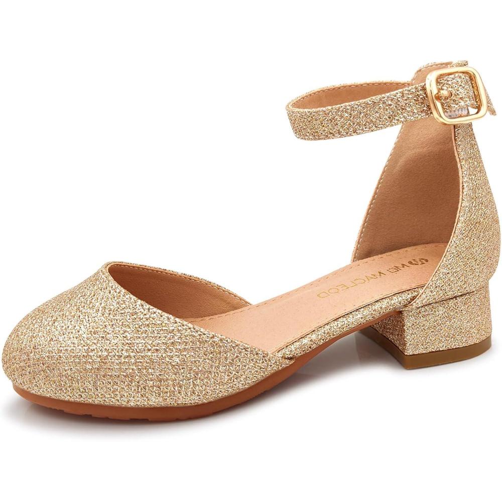 imageMei MACLEOD Girls Dress Shoes Sparkly Princess Low Heel Shoes Chunky Heels with Ankle Strap for Wedding Holiday PartyGlitter Gold