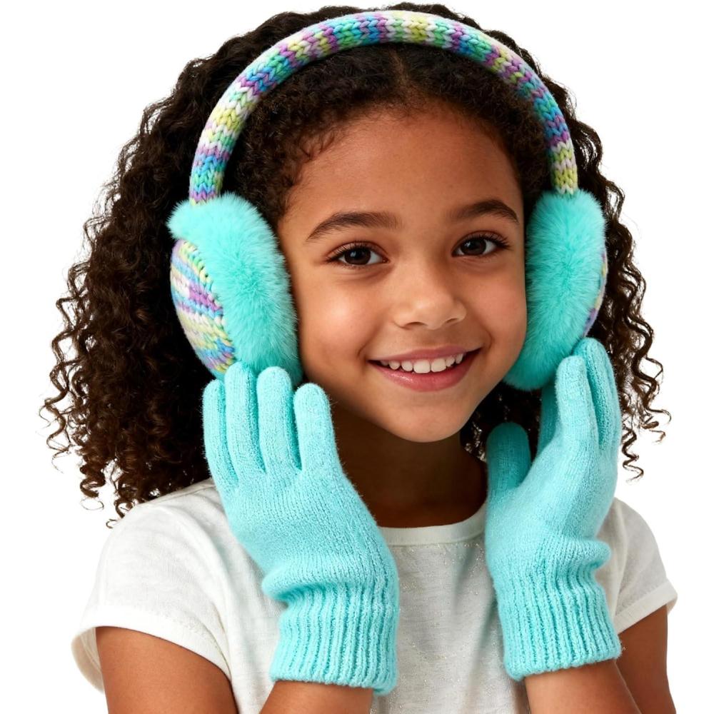 imageMei MACLEOD Girls Earmuffs Knit Winter Ear Muffs Gloves Set for Kids Boys Cold Weather Ear WarmerAcyan Earmuff Gloves Set