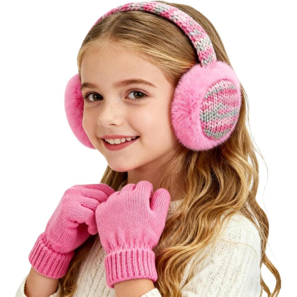 imageMei MACLEOD Girls Earmuffs Knit Winter Ear Muffs Gloves Set for Kids Boys Cold Weather Ear WarmerAhot Pink Earmuff Gloves Set