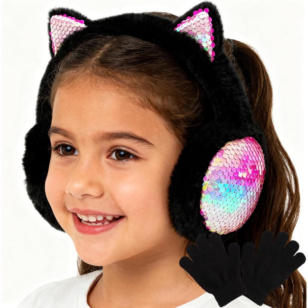 imageMei MACLEOD Girls Earmuffs Knit Winter Ear Muffs Gloves Set for Kids Boys Cold Weather Ear WarmerBblack Earmuff Gloves Set