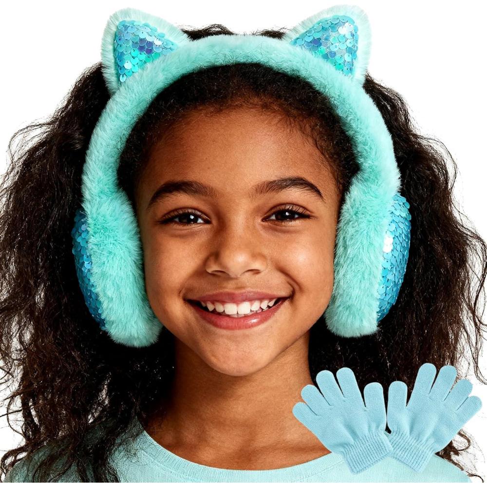 imageMei MACLEOD Girls Earmuffs Knit Winter Ear Muffs Gloves Set for Kids Boys Cold Weather Ear WarmerBcyan Earmuff Gloves Set