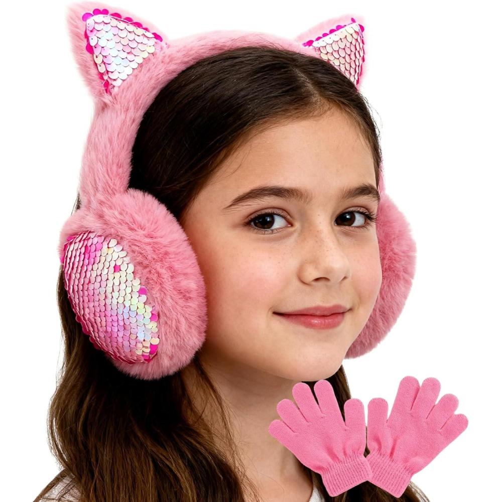 imageMei MACLEOD Girls Earmuffs Knit Winter Ear Muffs Gloves Set for Kids Boys Cold Weather Ear WarmerBhot Pink Earmuff Gloves Set