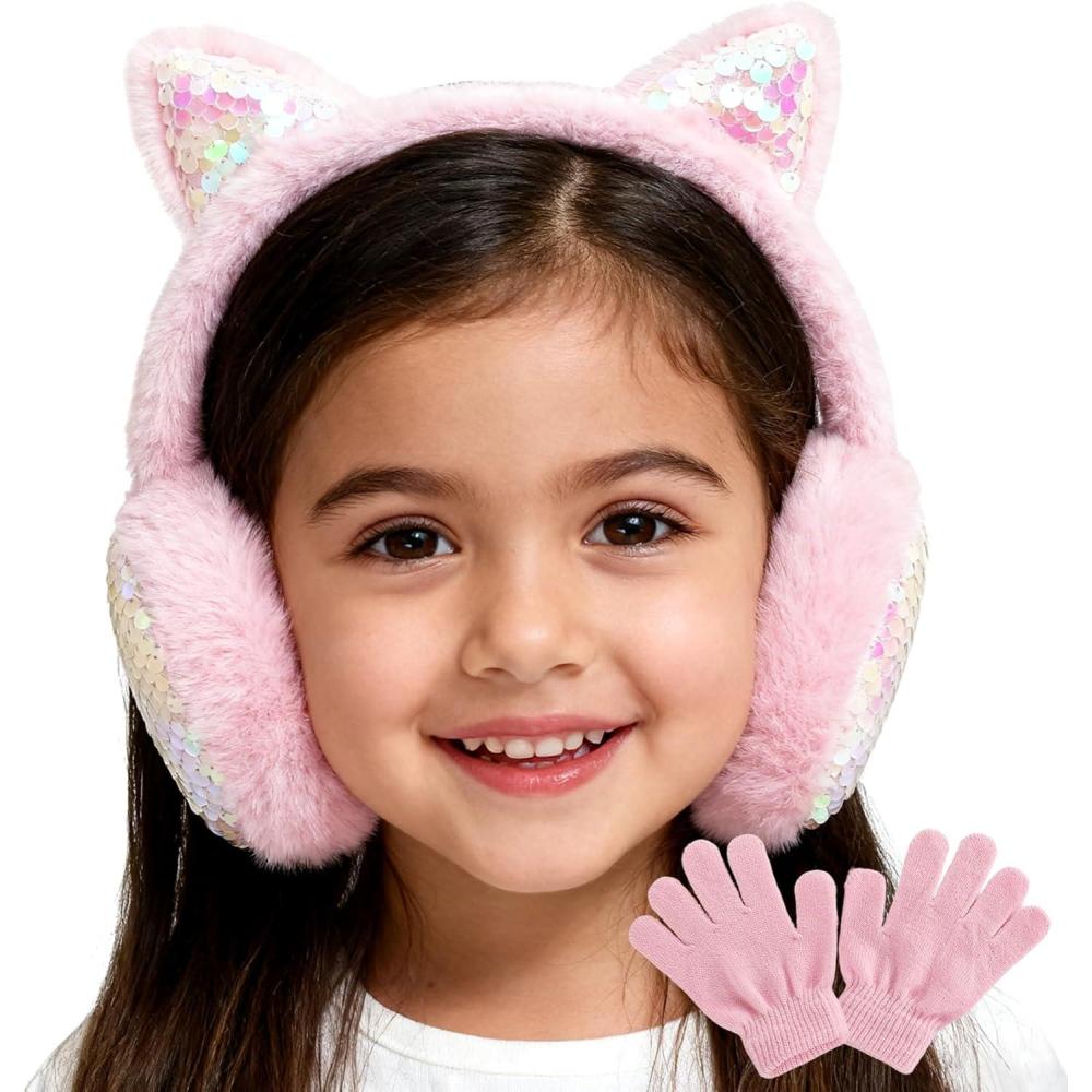 imageMei MACLEOD Girls Earmuffs Knit Winter Ear Muffs Gloves Set for Kids Boys Cold Weather Ear WarmerBpink Earmuff Gloves Set