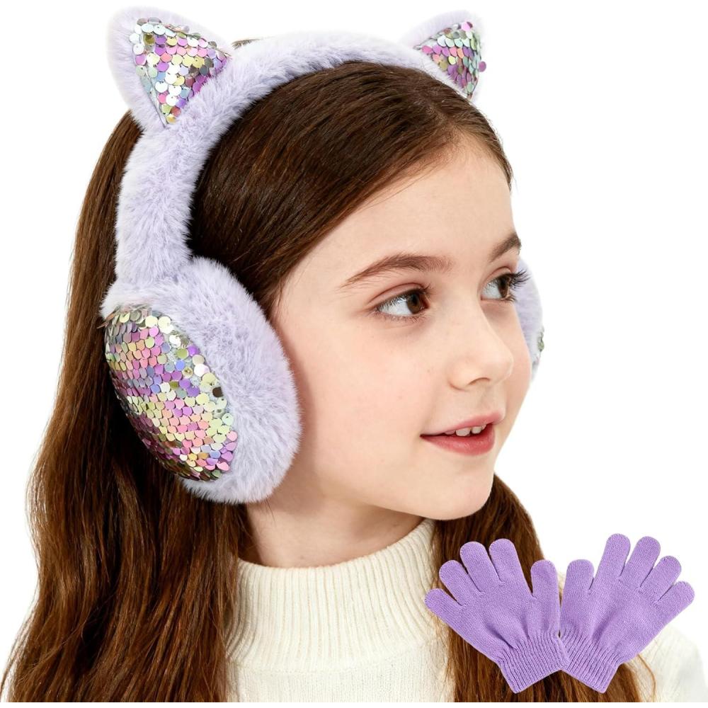 imageMei MACLEOD Girls Earmuffs Knit Winter Ear Muffs Gloves Set for Kids Boys Cold Weather Ear WarmerBpurple Earmuff Gloves Set