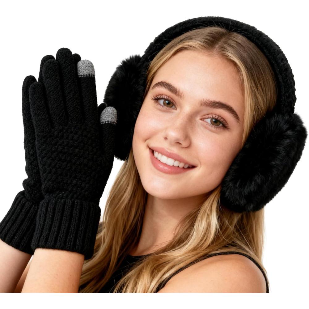 imageMei MACLEOD Girls Earmuffs Knit Winter Ear Muffs Gloves Set for Kids Boys Cold Weather Ear WarmerDblack Earmuff Gloves Set