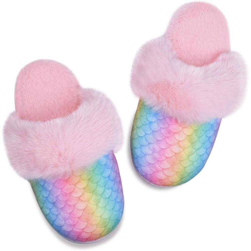 imageMei MACLEOD Mermaid Fluffy House Slippers Fuzzy Glitter Slipper Faux Fur Plush Slipper Slip On Slides Sandal for LittleBig GirlsPinkmermaid