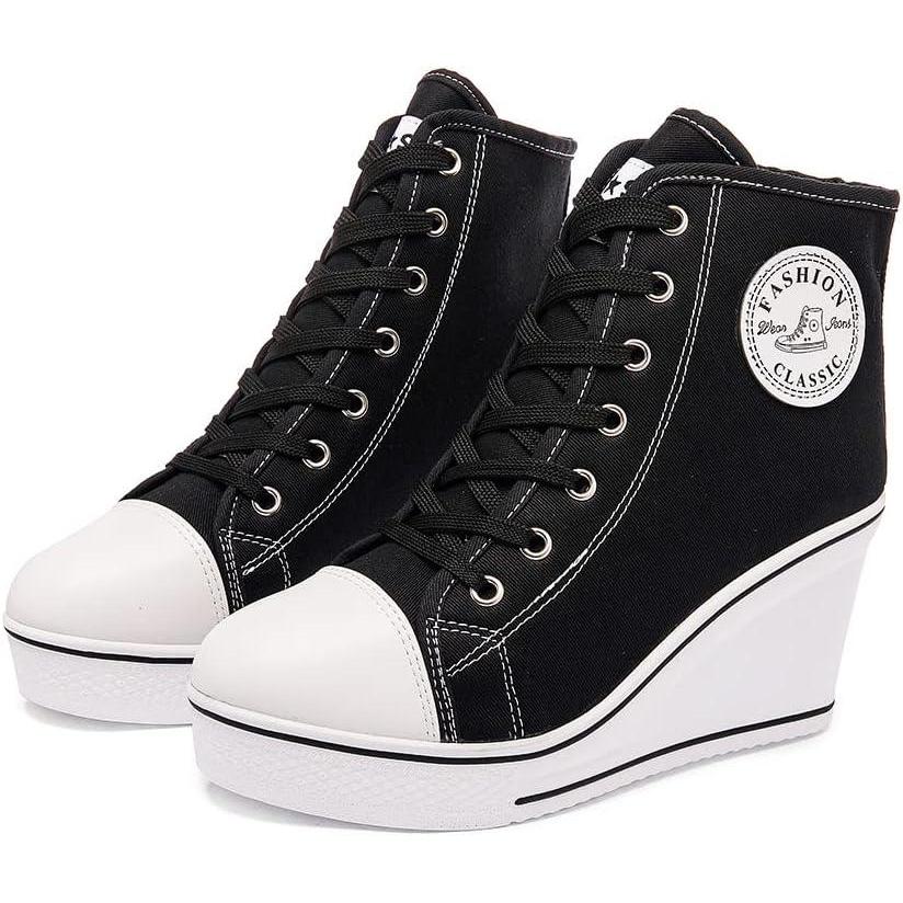 imageMei MACLEOD Womens Canvas Shoes High Heel Wedge Sneakers High Top Sneakers Casual Lace Up Shoes for Teen Girls College StudentBlack