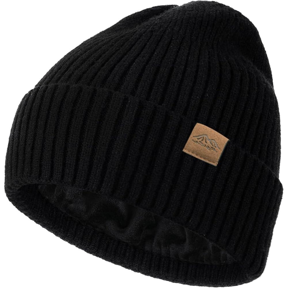 imageXXL Winter Beanie for Men Big Head Cuffed Stocking Cap Coral Fleece Lined Warm Knit Beanies HatsBlack