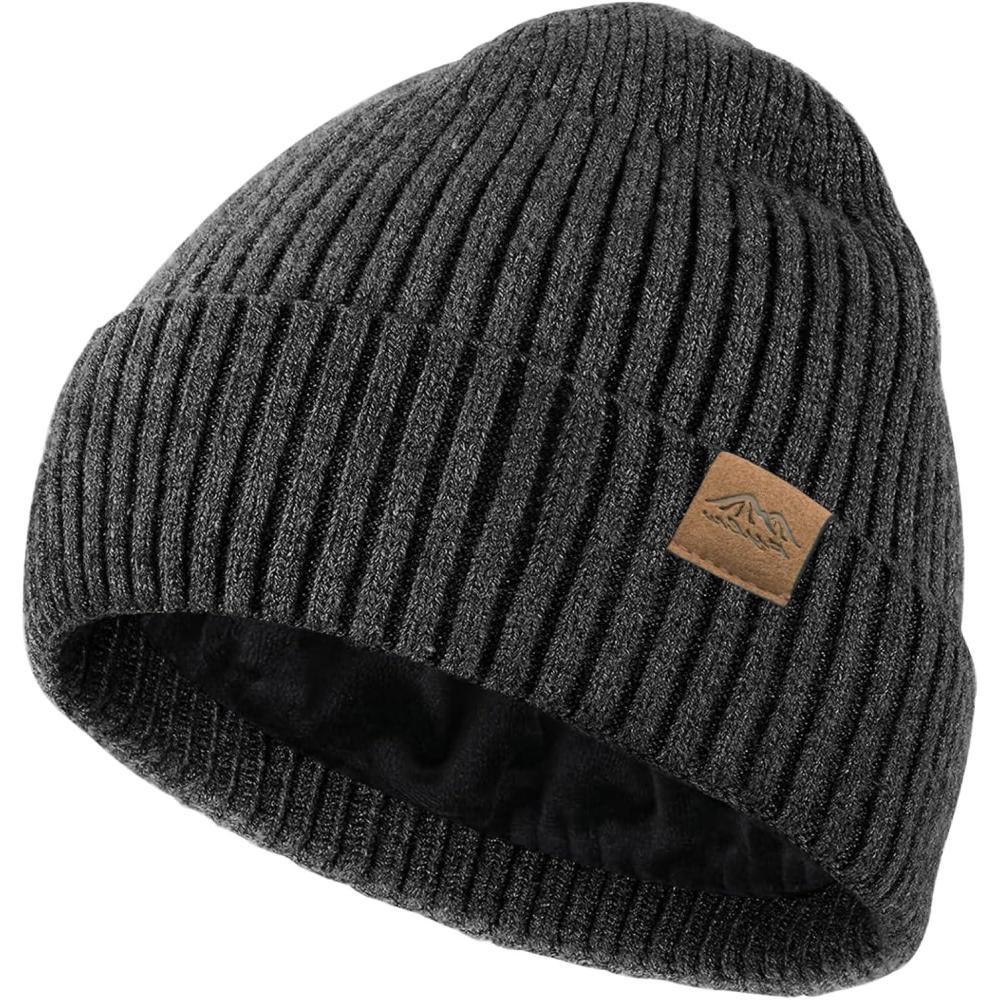 imageXXL Winter Beanie for Men Big Head Cuffed Stocking Cap Coral Fleece Lined Warm Knit Beanies HatsBlack Grey