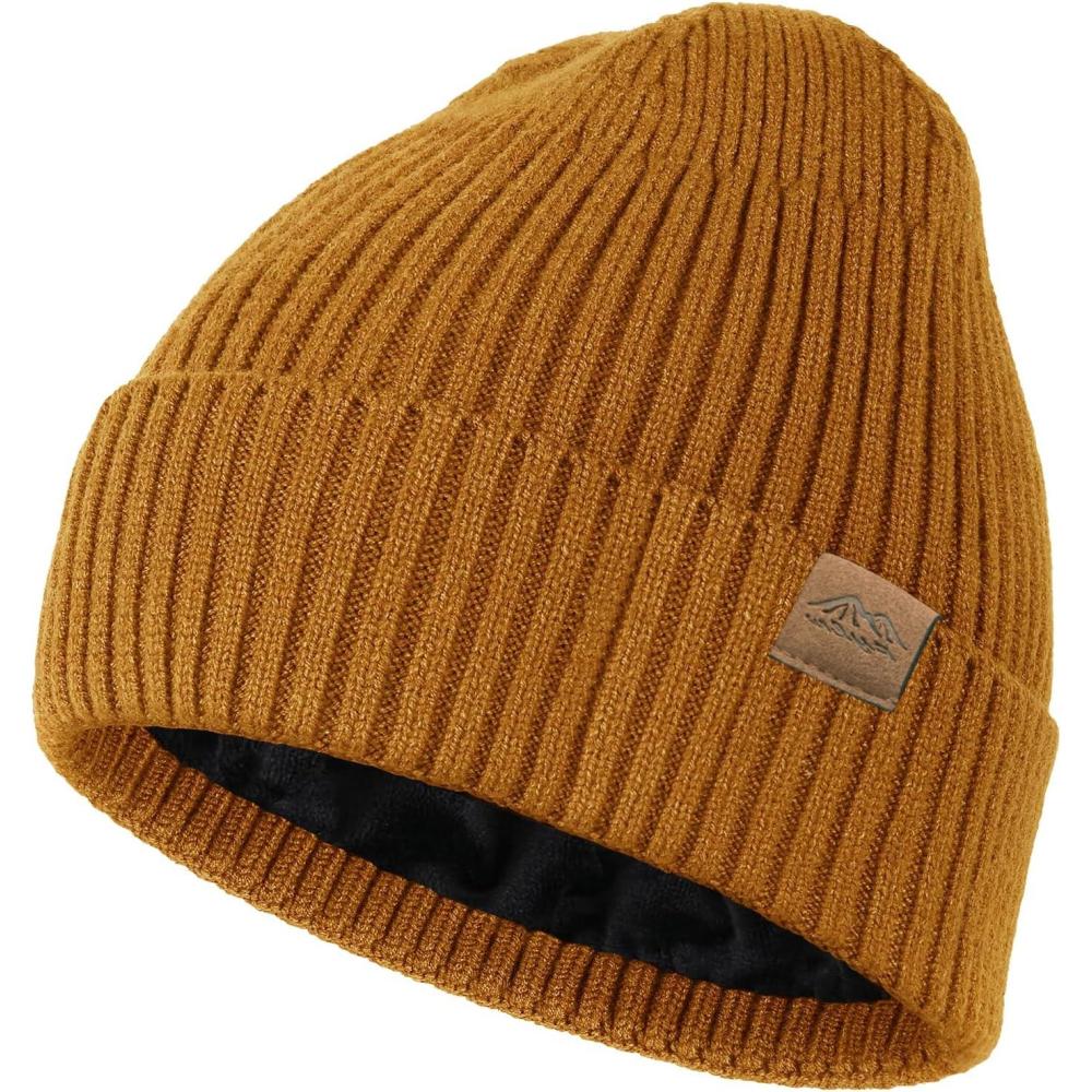 imageXXL Winter Beanie for Men Big Head Cuffed Stocking Cap Coral Fleece Lined Warm Knit Beanies HatsOrange
