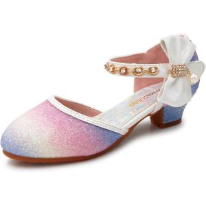 Mei MACLEOD Girls Dress Shoes Low Heel Princess Heels Sparkly with Pearl Bowknot for Wedding Party(Glitter Rainbow Purple)