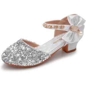 Mei MACLEOD Girls Dress Shoes Low Heel Princess Heels Sparkly with Pearl Bowknot for Wedding Party(Sparkly Silver)