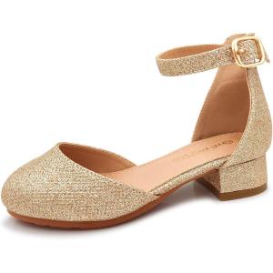 Mei MACLEOD Girls Dress Shoes Sparkly Princess Low Heel Shoes Chunky Heels with Ankle Strap for Wedding Holiday Party(Glitter Gold)