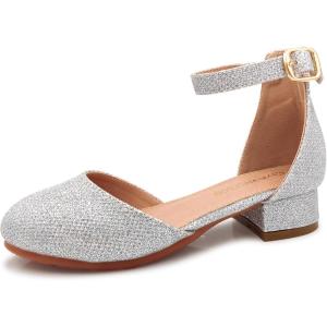 Mei MACLEOD Girls Dress Shoes Sparkly Princess Low Heel Shoes Chunky Heels with Ankle Strap for Wedding Holiday Party(Glitter Silver)
