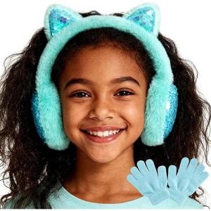 Mei MACLEOD Girls Earmuffs Knit Winter Ear Muffs Gloves Set for Kids Boys Cold Weather Ear Warmer(B-cyan (Earmuff Gloves Set))