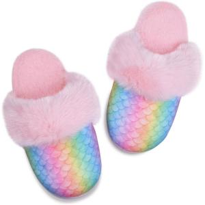 Mei MACLEOD Mermaid Fluffy House Slippers Fuzzy Glitter Slipper Faux Fur Plush Slipper Slip On Slides Sandal for Little/Big Girls(Pink-mermaid)