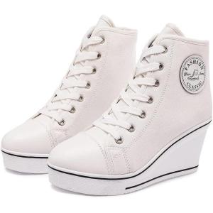 Mei MACLEOD Women’s Canvas Shoes High Heel Wedge Sneakers High Top Sneakers Casual Lace Up Shoes for Teen Girls College Student(White)