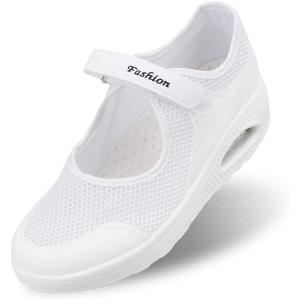 Women Diabetic Walking Shoes, Air Cushion Breathable Mesh Slip on Walking Sneakers, Adjustable Strap Mesh Mary Jane Shoes Working Nurse Shoes for Edema Arthritis(White)