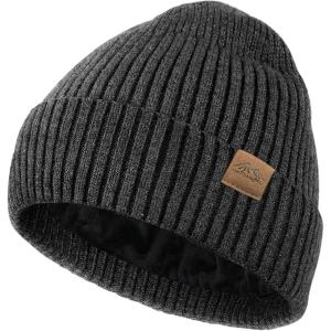 XXL Winter Beanie for Men Big Head, Cuffed Stocking Cap Coral Fleece Lined Warm Knit Beanies Hats(Black Grey)