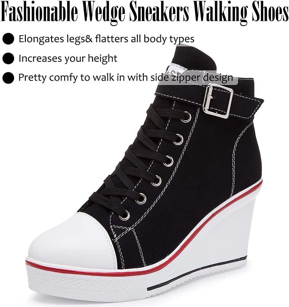 imageMei MACLEOD Wedge Heel Sneaker for Women High Heel Sneaker Side ZipperLace Up Canvas Shoes for Ladies College StudentsBlack