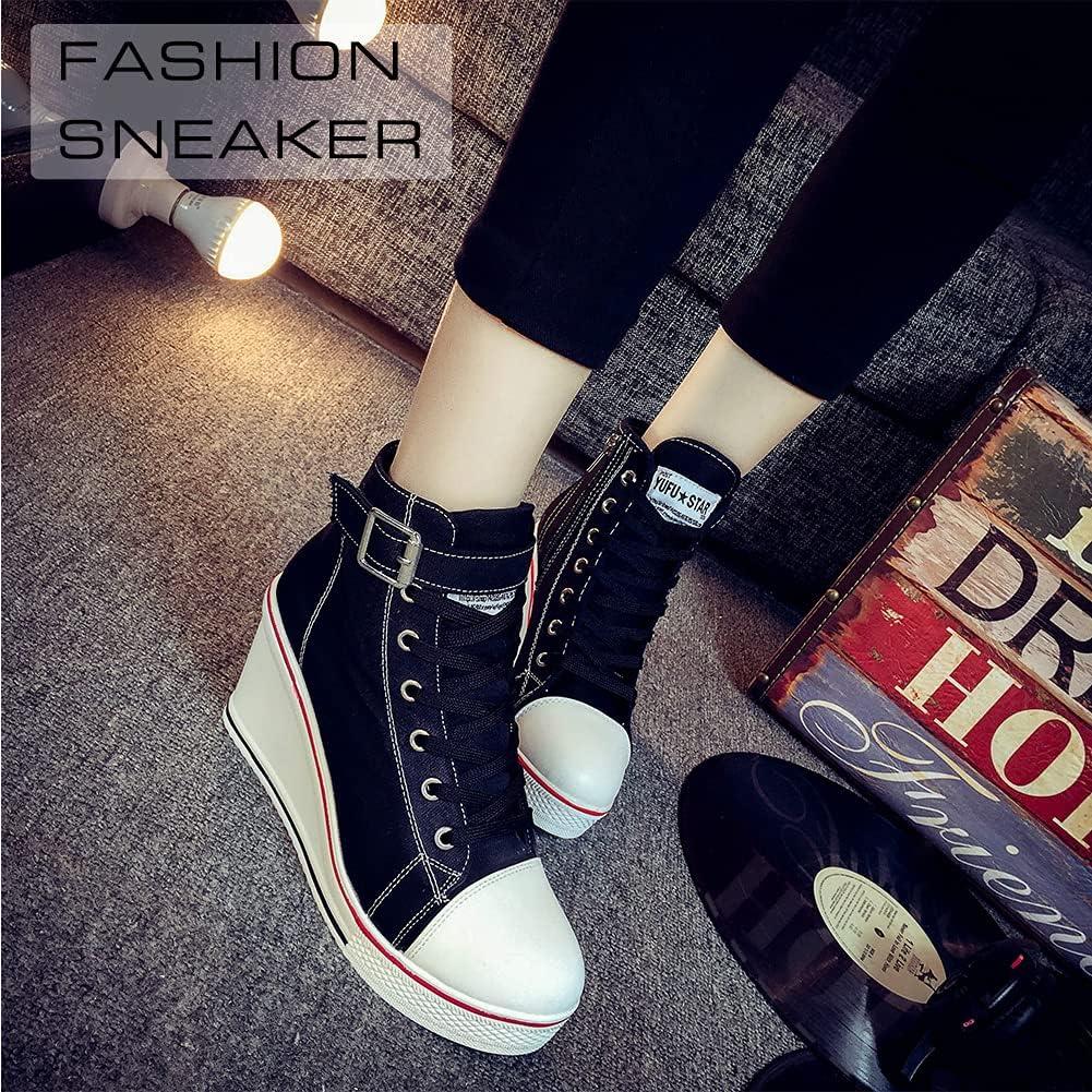 imageMei MACLEOD Wedge Heel Sneaker for Women High Heel Sneaker Side ZipperLace Up Canvas Shoes for Ladies College StudentsBlack