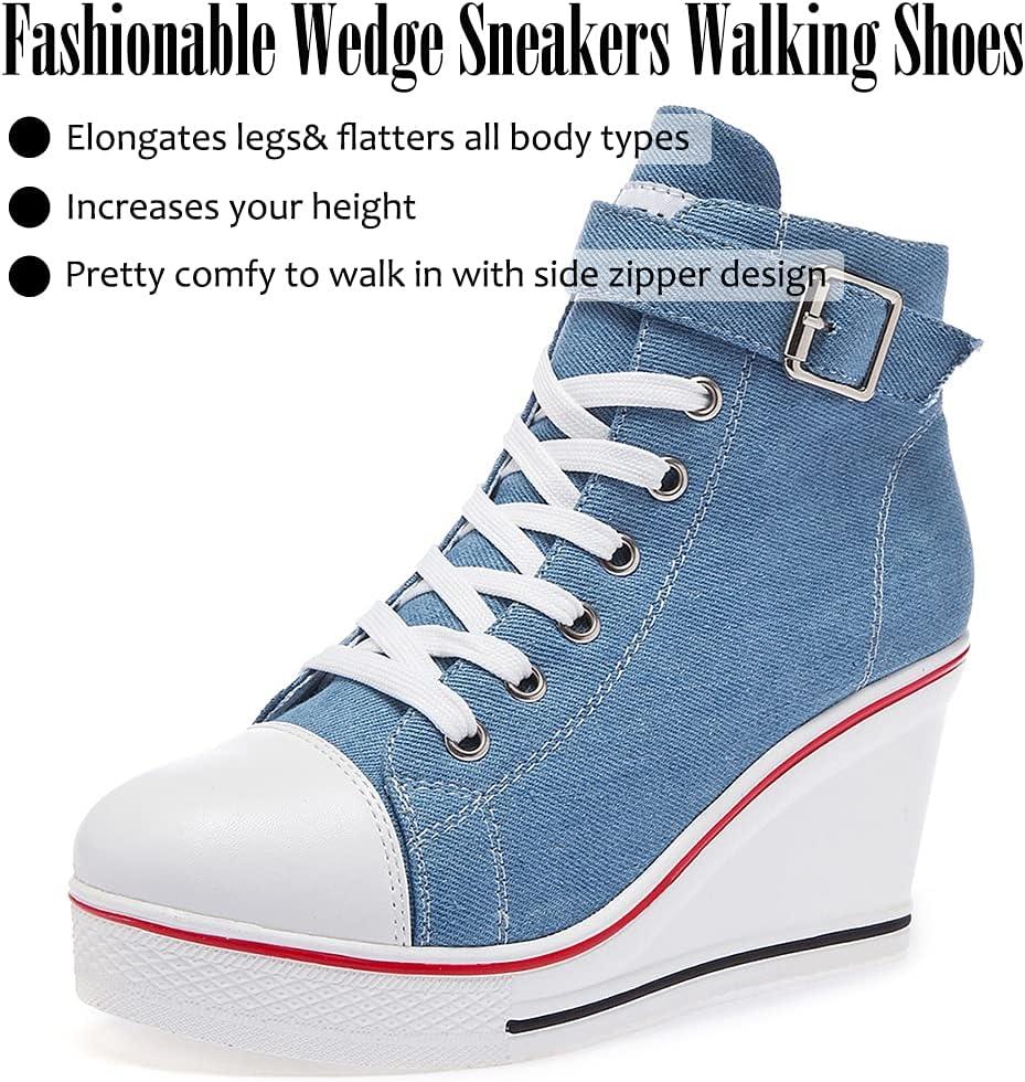 imageMei MACLEOD Wedge Heel Sneaker for Women High Heel Sneaker Side ZipperLace Up Canvas Shoes for Ladies College StudentsBlue