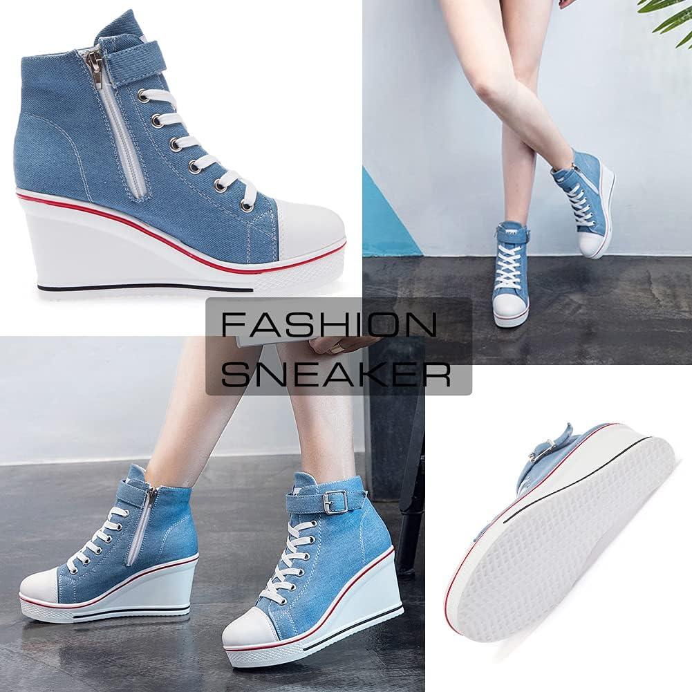 imageMei MACLEOD Wedge Heel Sneaker for Women High Heel Sneaker Side ZipperLace Up Canvas Shoes for Ladies College StudentsBlue